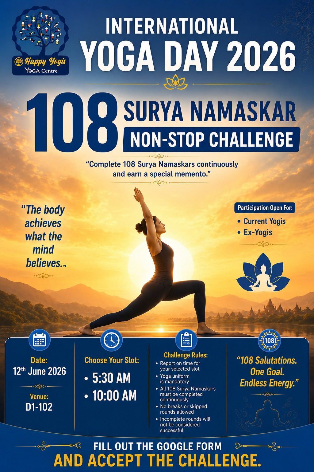 The Happy Yogis poster announcing the 108 Suryanamaskar Non-Stop Challenge
